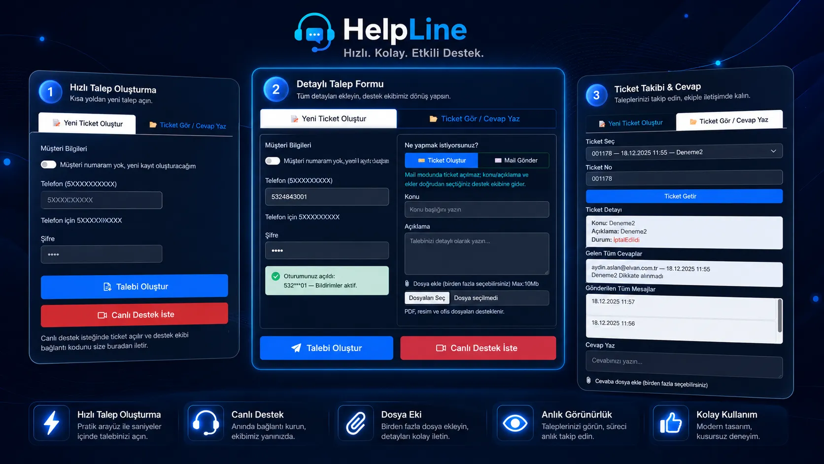 HelpLine talep oluşturma ve destek takibi ekranı